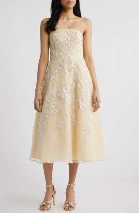 Adrianna Papell Soutache Embroidery Strapless Organza Cocktail Midi Dress in Maize at Nordstrom, Size 14