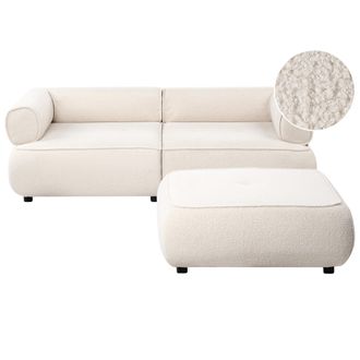 Beliani Sof&aacute; De 3 Plazas Con Otomana Tapizado De Boucl&eacute; Reposabrazos Enrollados Asiento Capiton&eacute; Reposapi&eacute;s Dise&ntilde;o Moderno Blanco Crema Salla