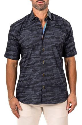 Maceoo Galileo Marthy Short Sleeve Cotton Button-Up Shirt in Black at Nordstrom, Size 4