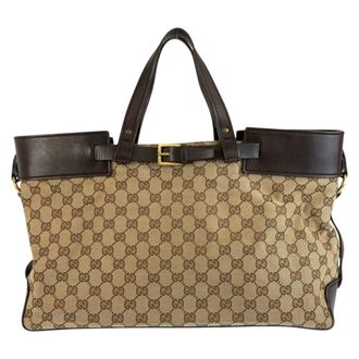 Gucci Beige Brown Canvas Leather Handbag Tote Bag (Pre-Owned)