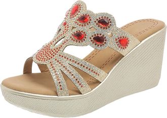 Generic Womens Mules with Heel Pumps Womens with Rhinestone Wedge Sandals High Heels Platform Sandals Glitter Slippers Slides Peep Toe Summer Shoes Slippers N