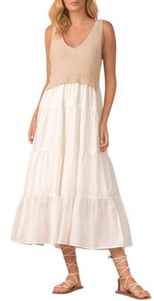 Elan Womens V-Neck Sleeveless Tiered Ruffled Hem Woven and Knit Mix Midi Dress, White Natural Combo, L