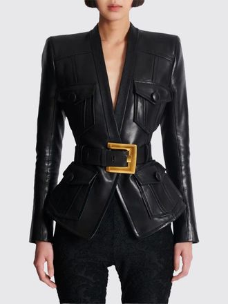 Balmain Giacca corta in pelle di agnello con cintura e spalle imbottite