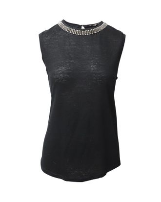Maje Embellished Neckline Sleeveless Top in Black Linen
