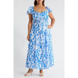 Sugarlips Nala Tiered Smocked Maxi Sundress in White-Blue at Nordstrom, Size 2X