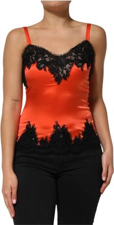 Dolce & Gabbana Rood Zwart Kant Trim Zijden Hemdje - Dames - Tops zonder mouwen - Oranje - M - Katoen - Tops