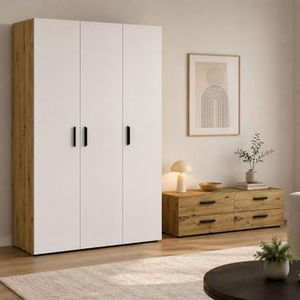 Dmora Armario 3 Puertas Randazzo, Ropero Dormitorio Con Barra Para Colgar, 4 Cajones, 4 Estantes, 111x52 Cm Marr&oacute;n Roble