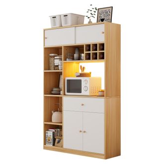 STILVORA Credenza Da Cucina Alta Con 3 Ante, 1 Cassetto, Ripiani Aperti E Led Per Cucina In Pannelli, Bianco Naturale 115x35x180 Cm