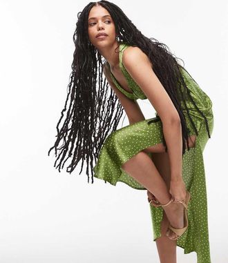 Topshop twist front midi dress in olive polka dot-Green