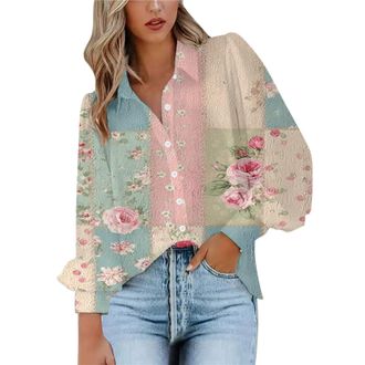 Generic Blouses for Women Puff Long Sleeve V Neck Collared Button Down Shirt Ladies Vintage Floral Print Fashion Tops(Mint Green, XXXL)