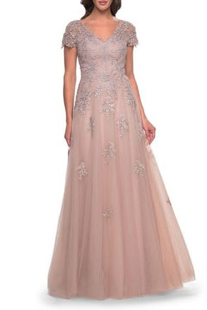 La Femme A-Line Tulle Gown with Lace Applique and Short Sleeves in Mauve at Nordstrom, Size 14