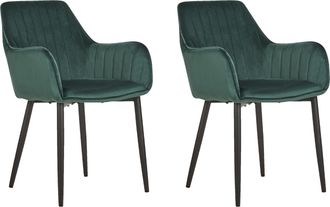 Beliani Juego De 2 Sillas De Comedor De Terciopelo Verde Con Reposabrazos Patas De Metal Negro Retro Glam Wellston