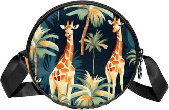 Generic Circle Crossbody Bag for Women, Tropical Giraffe Small Sling Bag Daypack with Zipper Adjustable Shoulder Straps Casual Ladies Girls Round Purse