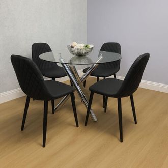 Kosy Koala Round Clear Glass Dining Table Set with 4 Black Faux Leather Chairs Dining Room Furniture