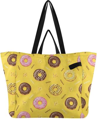 Generic Donuts Yellow pattern Reusable Canvas Tote Bag, Heavy Duty Grocery Shopping Bag with Double Handles Large Capacity Hard Bottom Work Groceries Travel