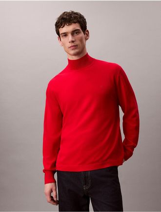 Calvin Klein Mens Merino Wool Mock Neck Sweater - Red - 2XL