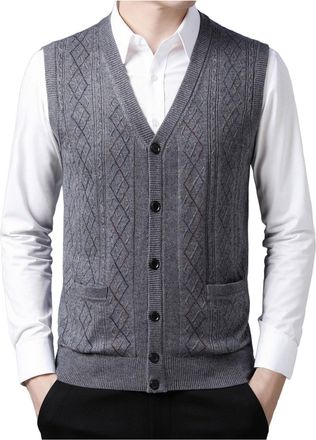 Generic Sleeveless Jumpers for Men UK Mens Knitted Waistcoats Buttons Down Sweater Vests V-Neck Knitted Gilets Gentleman Ribbed Sleeveless Cardigan Knit Tank 