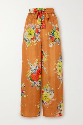 Zimmermann + Net Sustain Pantaloni A Gamba Larga In Raso Di Seta Biologica Floreale Alight - Marrone