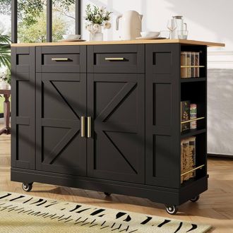 Merax Mobile Kitchen Island Trolley with Drop Leaf & Two-Sided Storage Racks in Black
