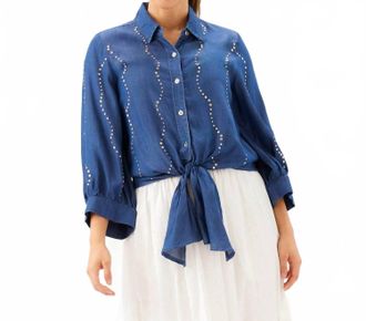 Karen Kane Blouson Sleeve Gemstone Denim Shirt In Chambray