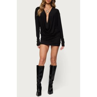 Edikted Romelia Cowl Neck Long Sleeve Minidress in Black at Nordstrom, Size X-Small