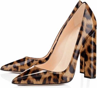 Generic Women Slip-On Chunky Pumps, Fashion Pointed Toe Dress Block Court Shoes, Comfort Closed Toe Leather Party Work High Heels Shoes,Leopard,2.5 UK