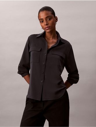 Calvin Klein Womens Utility Classic Button-Down Shirt - Black - L