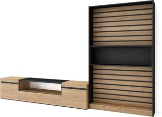Skraut Home Skraut Home - Muebles De Sal&oacute;n Para Tv, Conjunto De Muebles Comedor, 310x186x35cm, Para Tv Hasta 80, Mueble Televisi&oacute;n, Estilo Moderno, Roble Y Negro