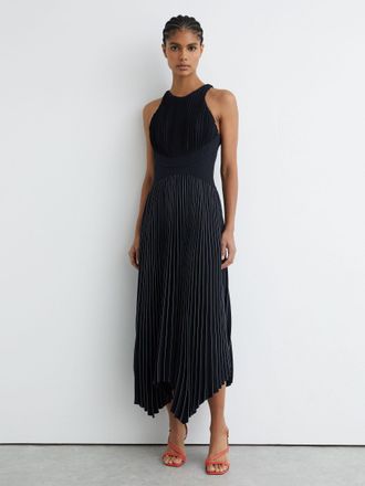 Reiss Navy Pleated Sleeveless Midi Dress, 16