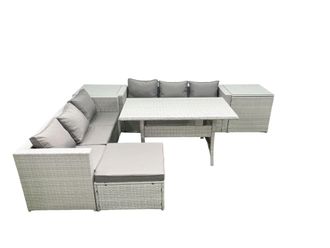 Fimous Rattan Garden Furniture Set 7 Seater Outdoor Sofa Set with Dining Table 2 Side Tables Big Footstool Light Grey Mixed