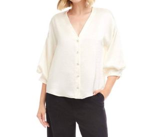 Karen Kane Lantern Sleeve Crystal Rhinestone Button Satin Top In Cream