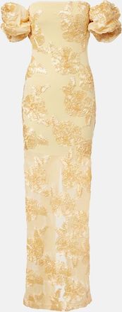 Rotate Floral-applique off-shoulder maxi dress