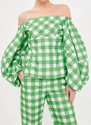 Rosie Assoulin Empire Balloon Sleeve Picnic Embroidered Gingham Blouse In Grass Green