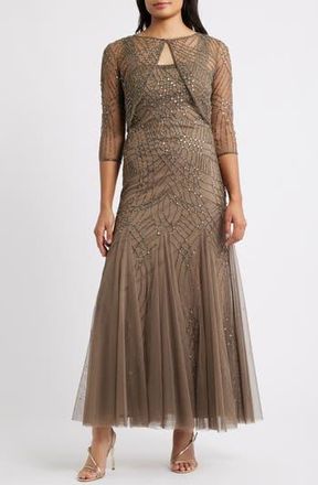 Pisarro Nights Beaded Gown with Long Sleeve Jacket in Mocha 228 at Nordstrom Rack, Size 14