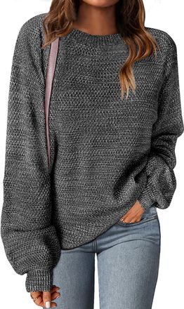 Merokeety Womens 2024 Fall Winter Oversized Pullover Sweater Trendy Crew Neck Long Sleeve Heathered Knit Jumper Tops, Black, M