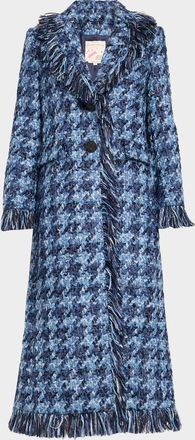 Maison Common Houndstooth Tweed Fringed Single-Breasted Coat