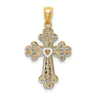 Diamond2Deal 14k Two-tone Gold Polished Filigree 2 Level Heart Cross Pendant