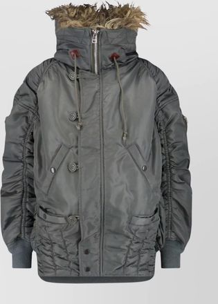 Junya Watanabe quilted jacket with drawstring hood and fur trim