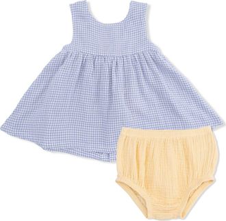 Angel Dear Microgingham Organic Cotton Muslin Dress & Bloomers Set in Off White Blue Yellow at Nordstrom, Size 18-24M