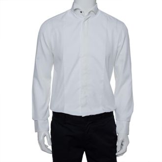 Armani White Cotton & Silk Stand Collar Tuxedo Shirt