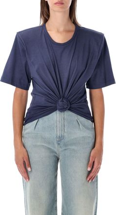 Magda Butrym Front Knot Draped Blue T-Shirt With Removable Shoulder Pads