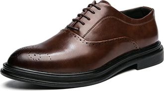 Generic Dress Oxford Shoes for Men Lace Up Round Burnished Toe Vegan Leather Slip Resistant Anti-Slip Block Heel Non Slip Rubber Sole Wedding(Brown,6.5 UK)