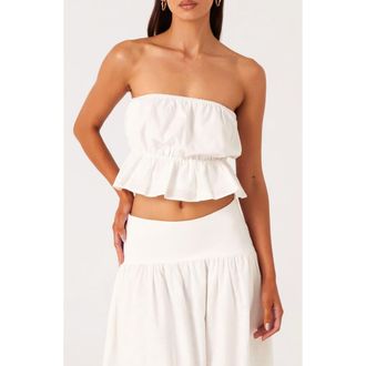 SNDYS Nesa Strapless Linen & Cotton Peplum Crop Top in White at Nordstrom, Size X-Small