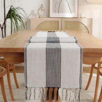No Brand Camino De Mesa, Estilo Bohemio, Color Crema, Estilo R&uacute;stico, Con Borlas, Lavable, Ideal Para Fiestas Y Bodas, Tres Rayas, Gris Oscuro, 33 X 122 Cm