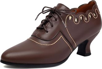 Generic Womens Lace Up Retro Dress Shoes Mid Heel Vintage Brogues Pointed Toe PU Leather Party Prom Shoes,Brown,5.5 UK