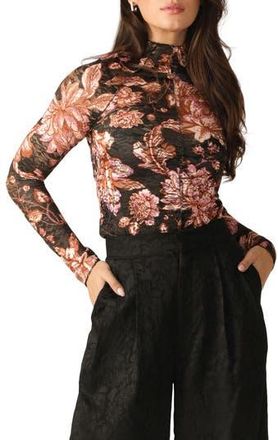 Flying Tomato Floral Long Sleeve Stretch Lace Top in Black Taupe at Nordstrom Rack, Size Medium