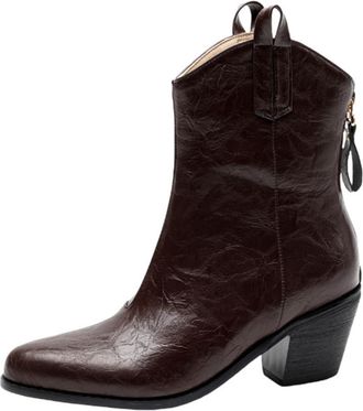 Generic Womens Vintage Distressed Cowboy Ankle Boots PU Leather Pointed Toe Chunky Block Heels Side Zipper Pull Tab Daily Casual Office Commute Shoes,Brown,4.