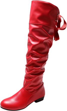 Generic Ladies Mid Calf Boots Fashion Solid Color Peated Bow Tie Back Thick Heel Long Boots(Red, 4.5)