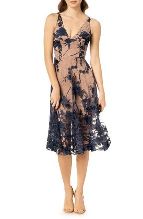 Dress The Population Audrey Embroidered Fit & Flare Dress in Navy at Nordstrom, Size Xx-Large