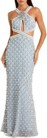 Mac Duggal Blue Sleeveless Halter Cutout Pearl Embellished Gown in Vintage Blue at Nordstrom, Size 4